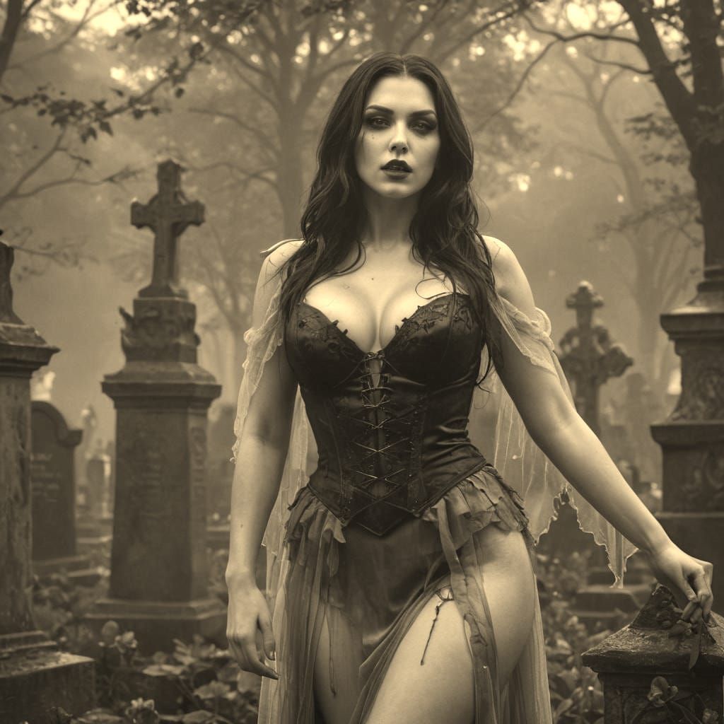 Voluptuous Vampire in Mist Filled Cemetery, Hyperrealistic A...