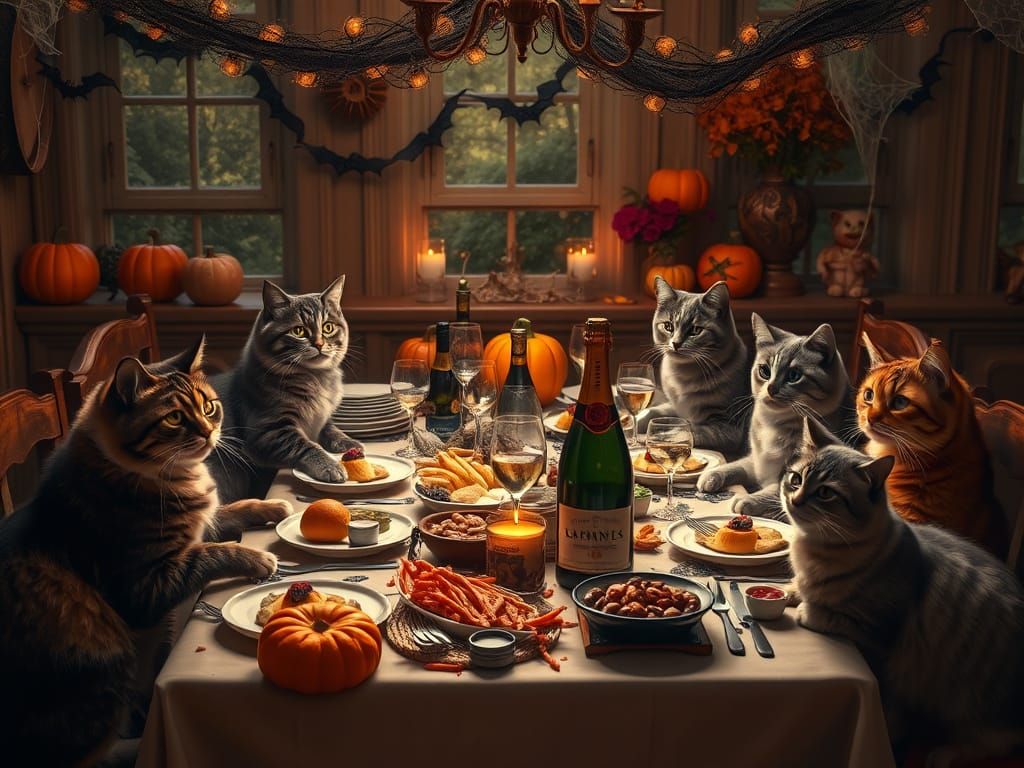 Photorealistic Cat Family Feast with Halloween Decor