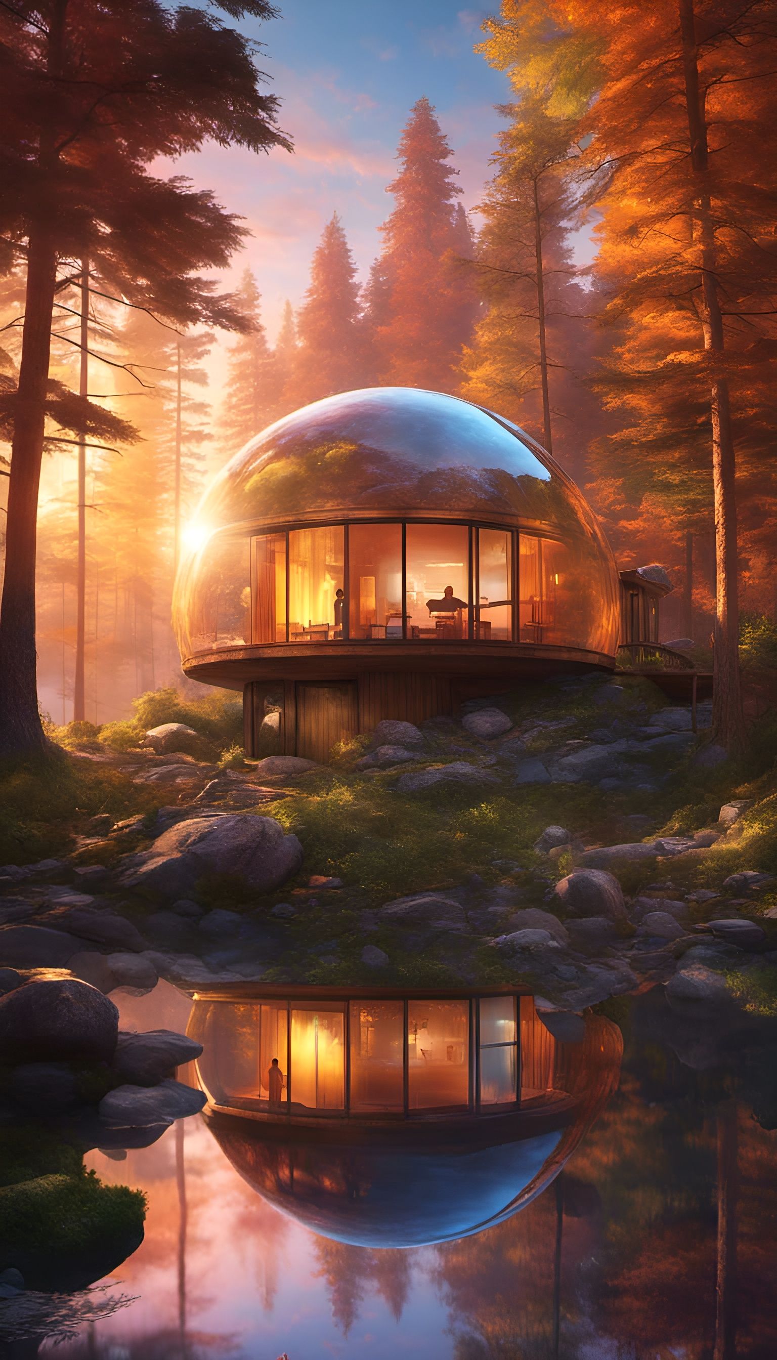 Glass Orb Cabin Reflecting Colorful Sunset: Concept Art
