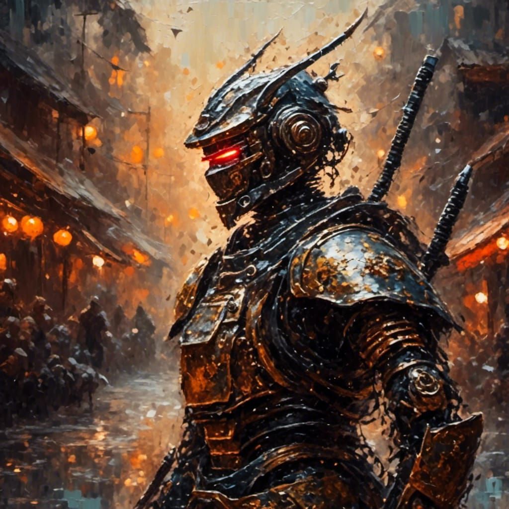 A robot Samurai protecting the local village