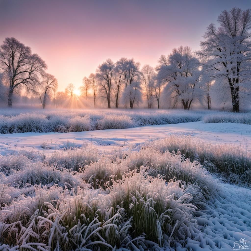 Icy Winter Meadow at Sunrise