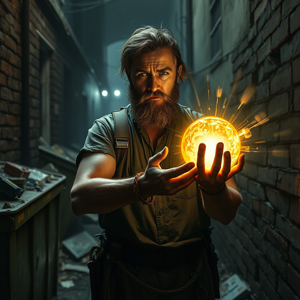 Golden Orb Illuminates Homeless Man in Grimy Alley