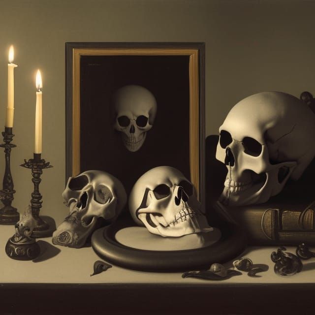 Monochromatic Vanitas Still Life in Film Noir Style