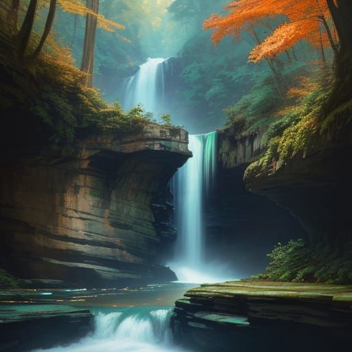 Lush Waterfall Scene in Vibrant Art Nouveau Style