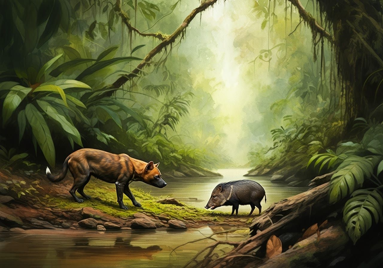 Bush Dog Stalks Peccary in Impressionist Watercolor