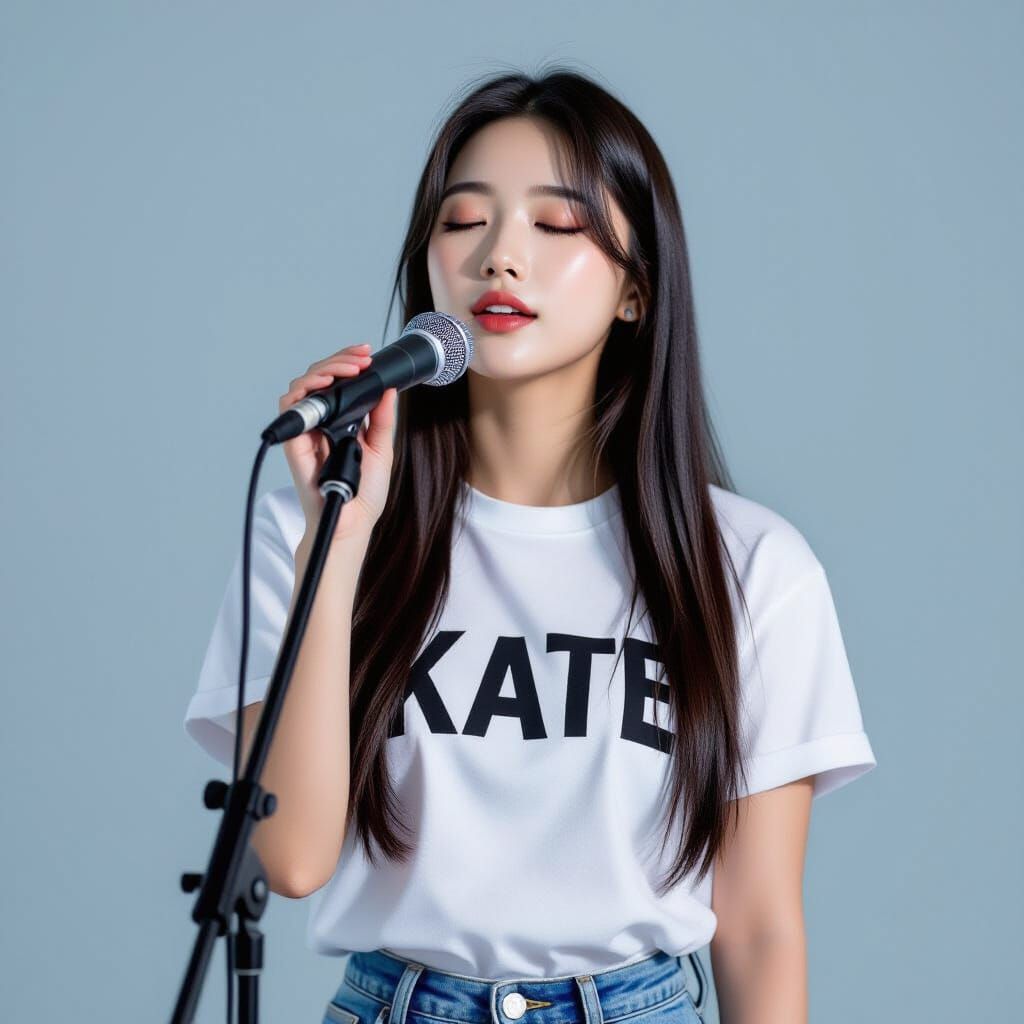 Singer Kate Performing with Eyes Closed in Hyperrealistic St...