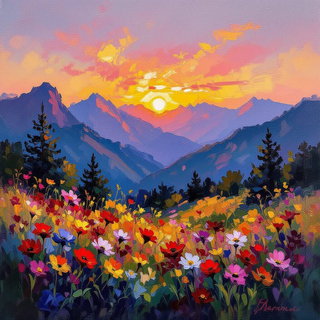 Impressionist Mountain Sunset with Wildflowers Oil Painting