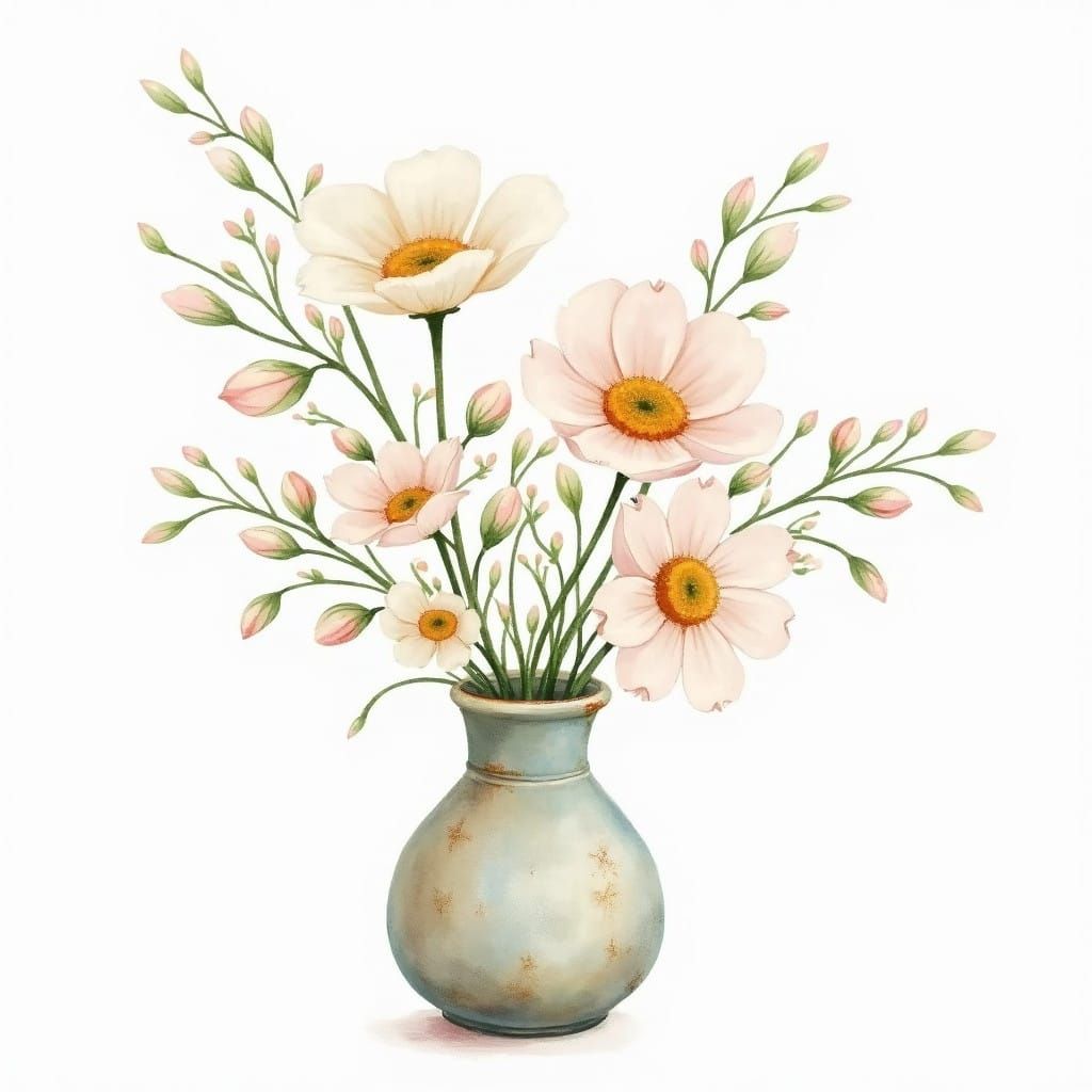 Surreal Watercolor Florals in Distressed Vintage Vase