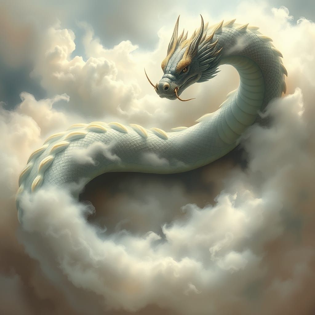 Mystical Serpent in Celestial Clouds, Traditional Painting