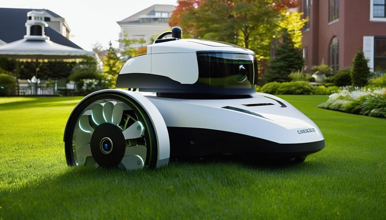 Futuristic Clockwork Robot Mowing Lawn