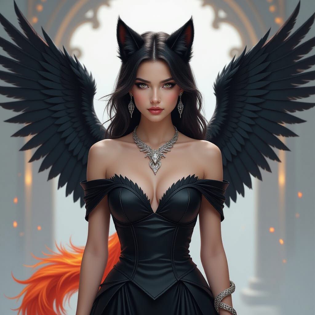 Dark Fantasy Woman with Hawk Wings and Cat Ears