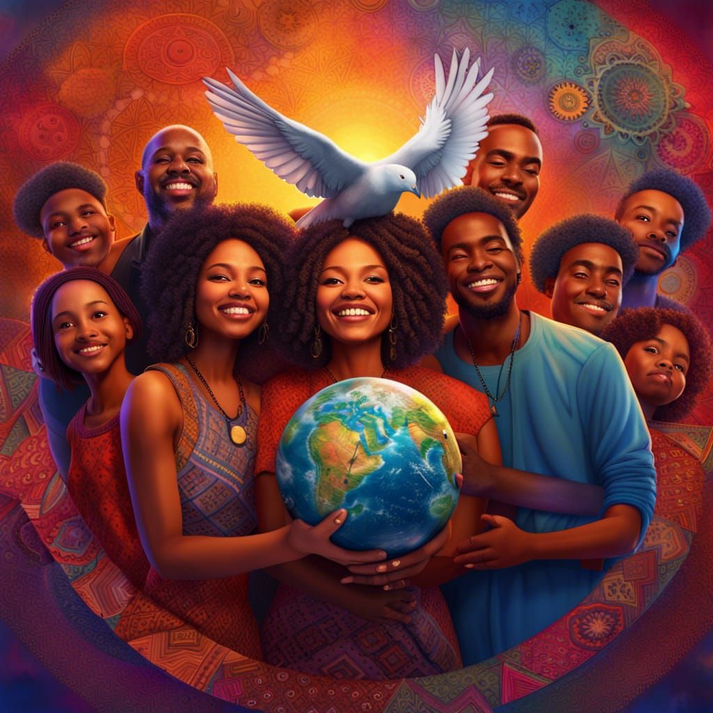 Multicultural Friends Holding Earth with Dove, Mandala Art