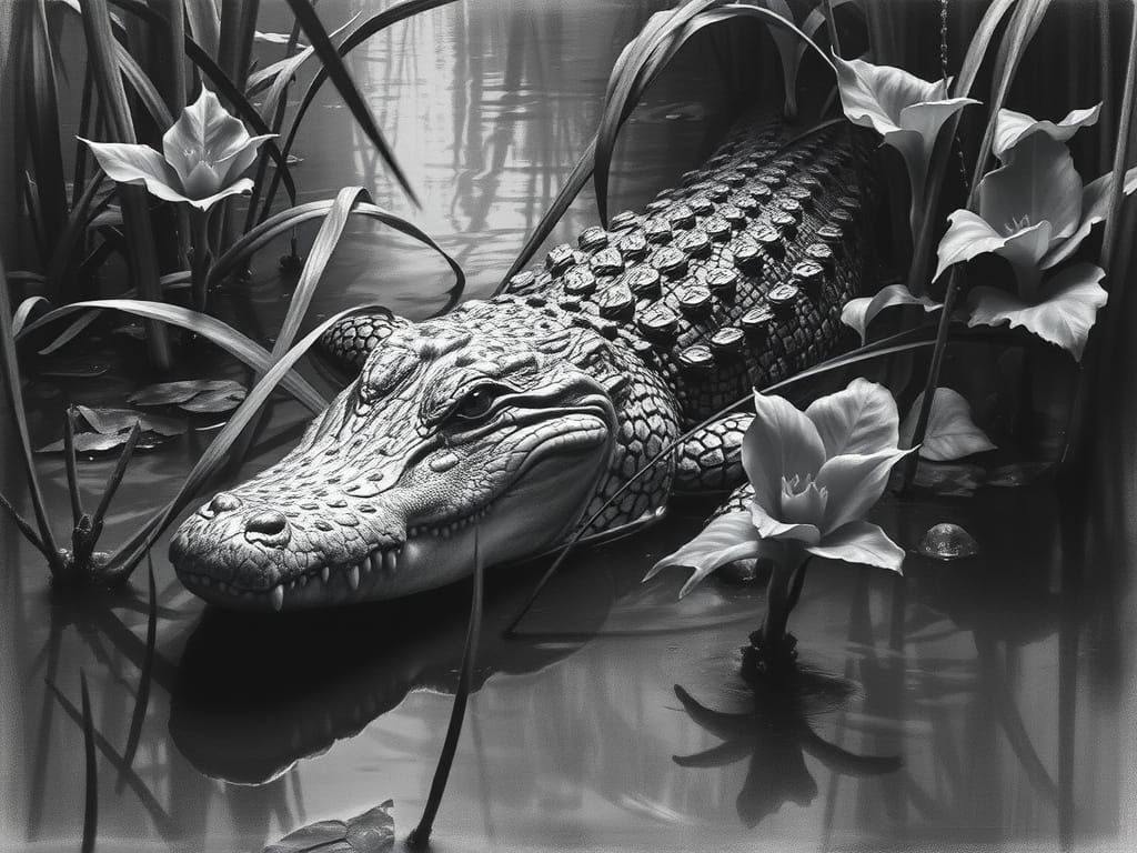 Alligator in Murky Swamp: Charcoal and Oil Painting