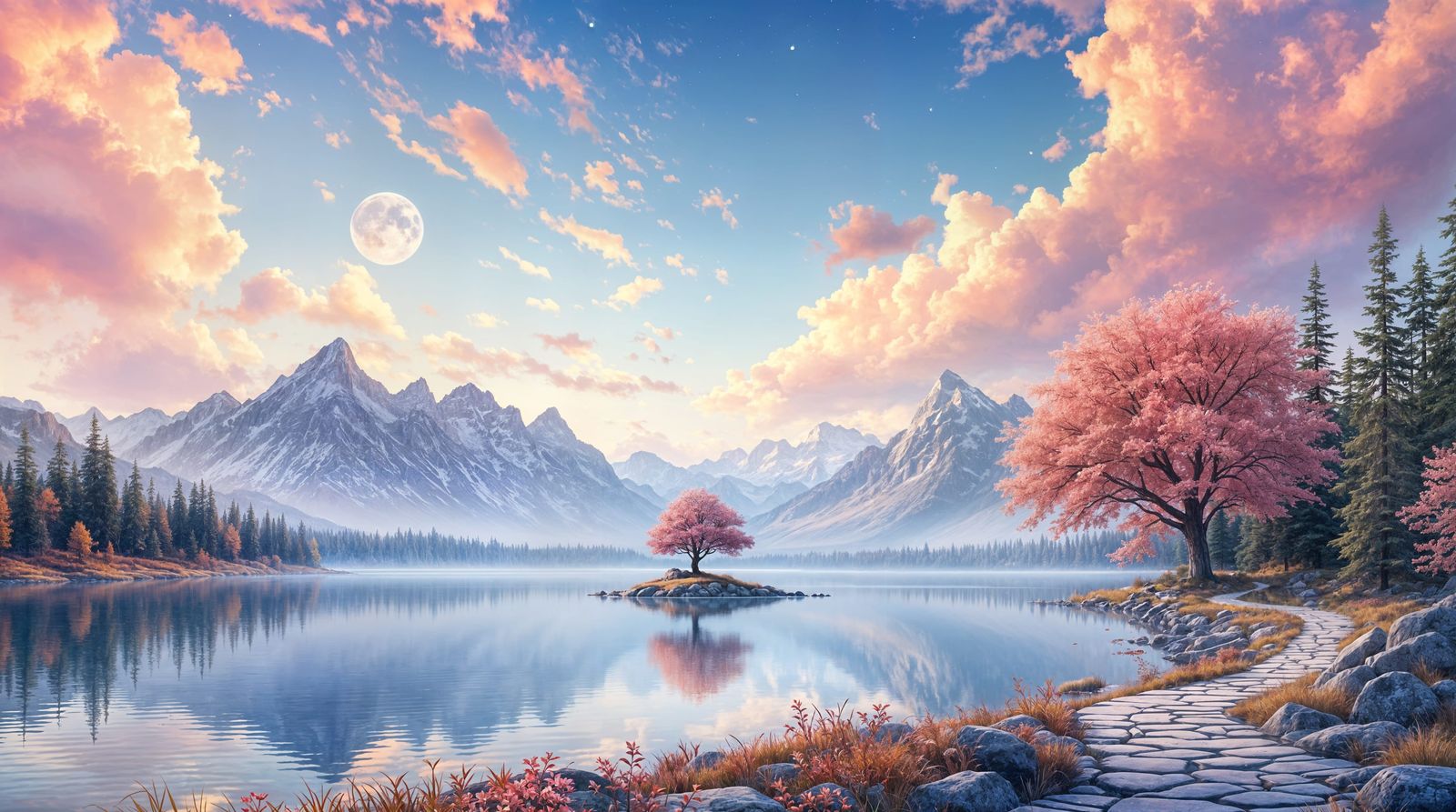 Majestic Impressionistic Lake Landscape in Vibrant Celestial...