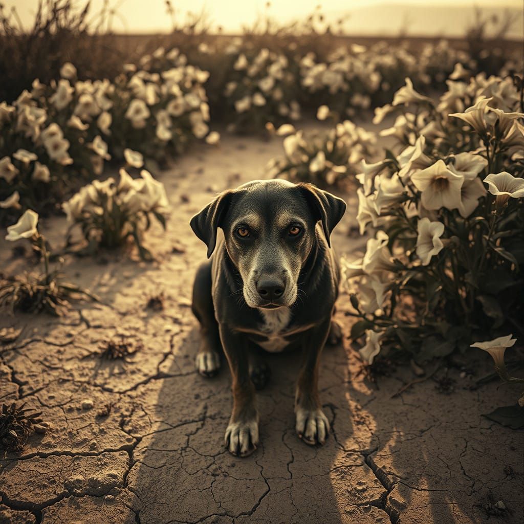 Nostalgic Portrait of an Abandoned Old Dog in a Vintage Gard...