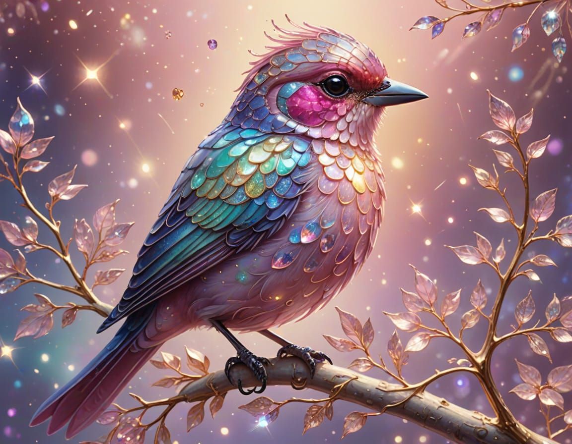 Sparkling Pink Opal Bird with Golden Filigree