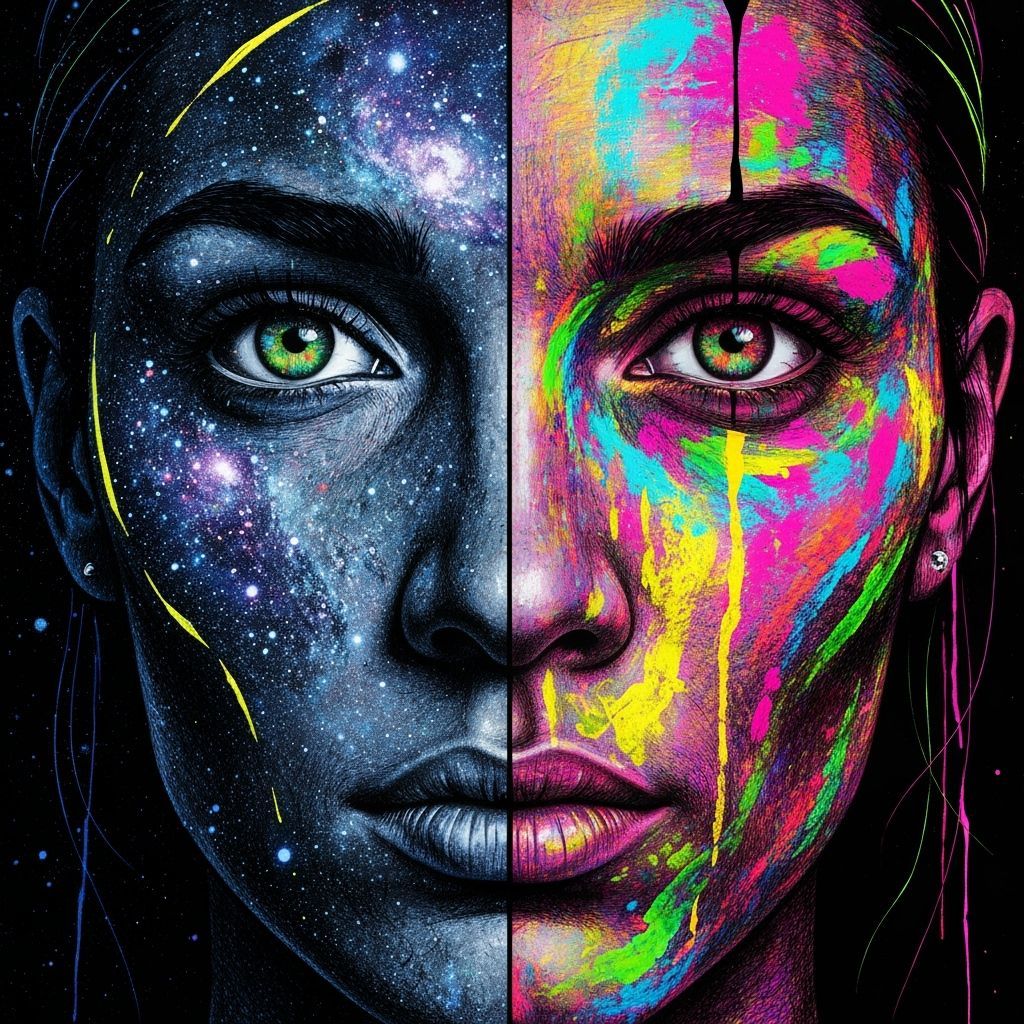 Neon Galaxy Face in Bold Abstract Style
