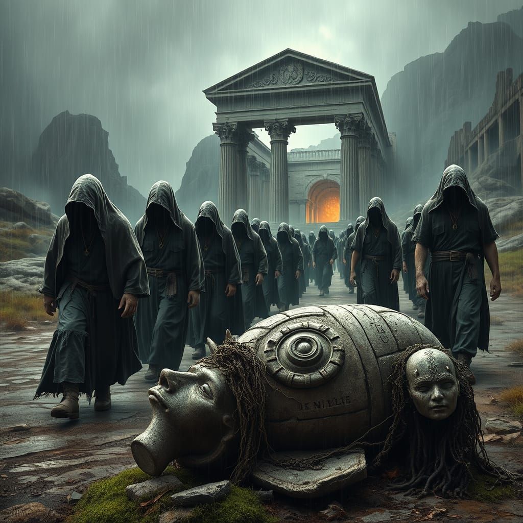 Hooded Figures March Towards Ruined Temple in Torrential Dow...