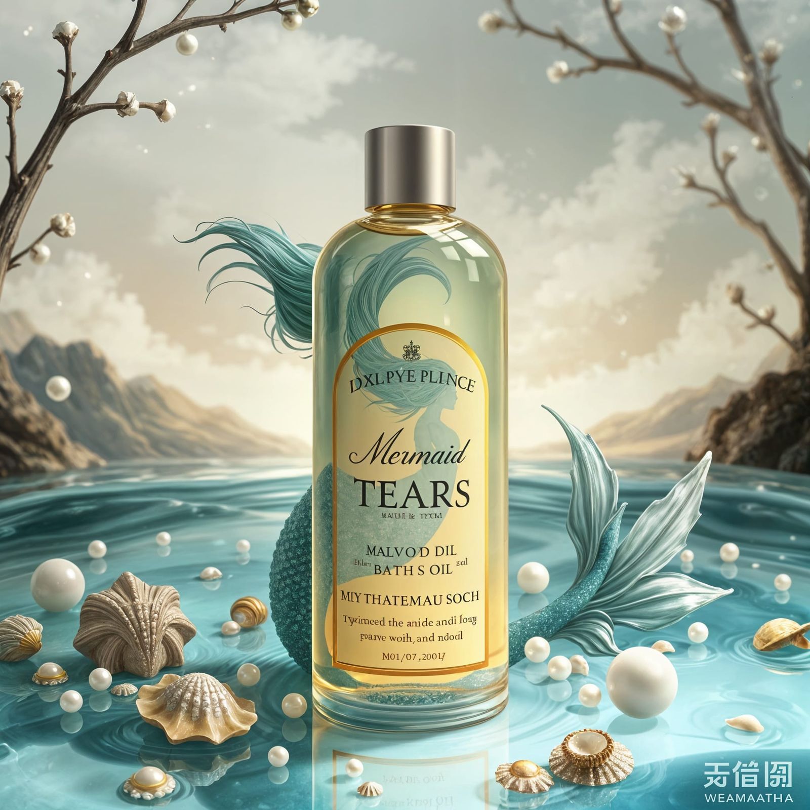 Romantic Mermaid Bath Oil Scene in Soft Watercolors