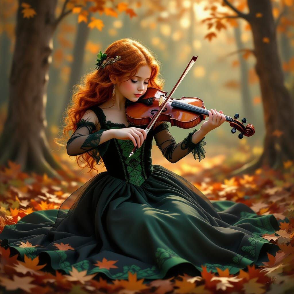 Girl with Violin in Autumn Forest, Realistic Style