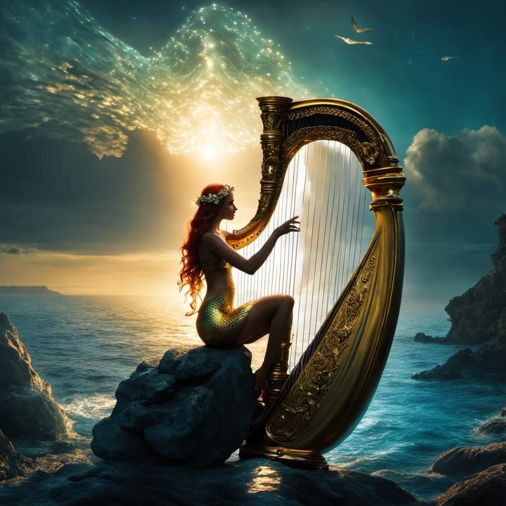 Mermaid Playing Harp with Cinematic Lighting