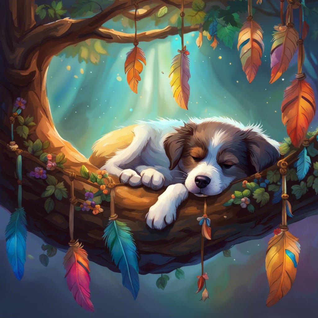 Dog's Dream of Colorful Tree, Watercolor Painting