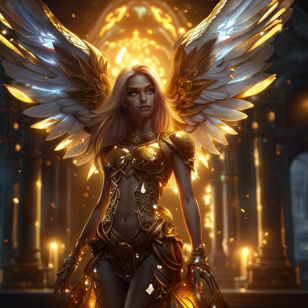 Golden Angel Girl in Dark Fantasy Style