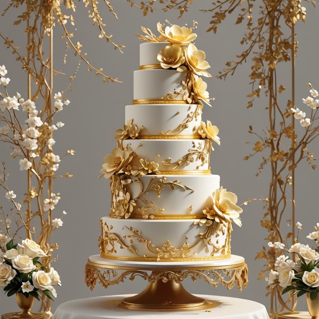 Gold Wedding Cake in Anime Art Style