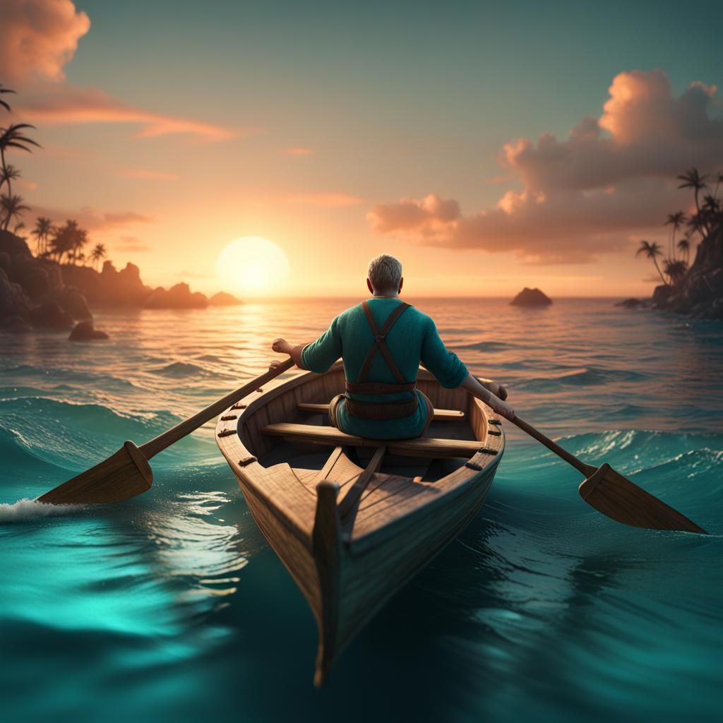 Sunset Rowboat on Teal Ocean: Detailed Matte Painting
