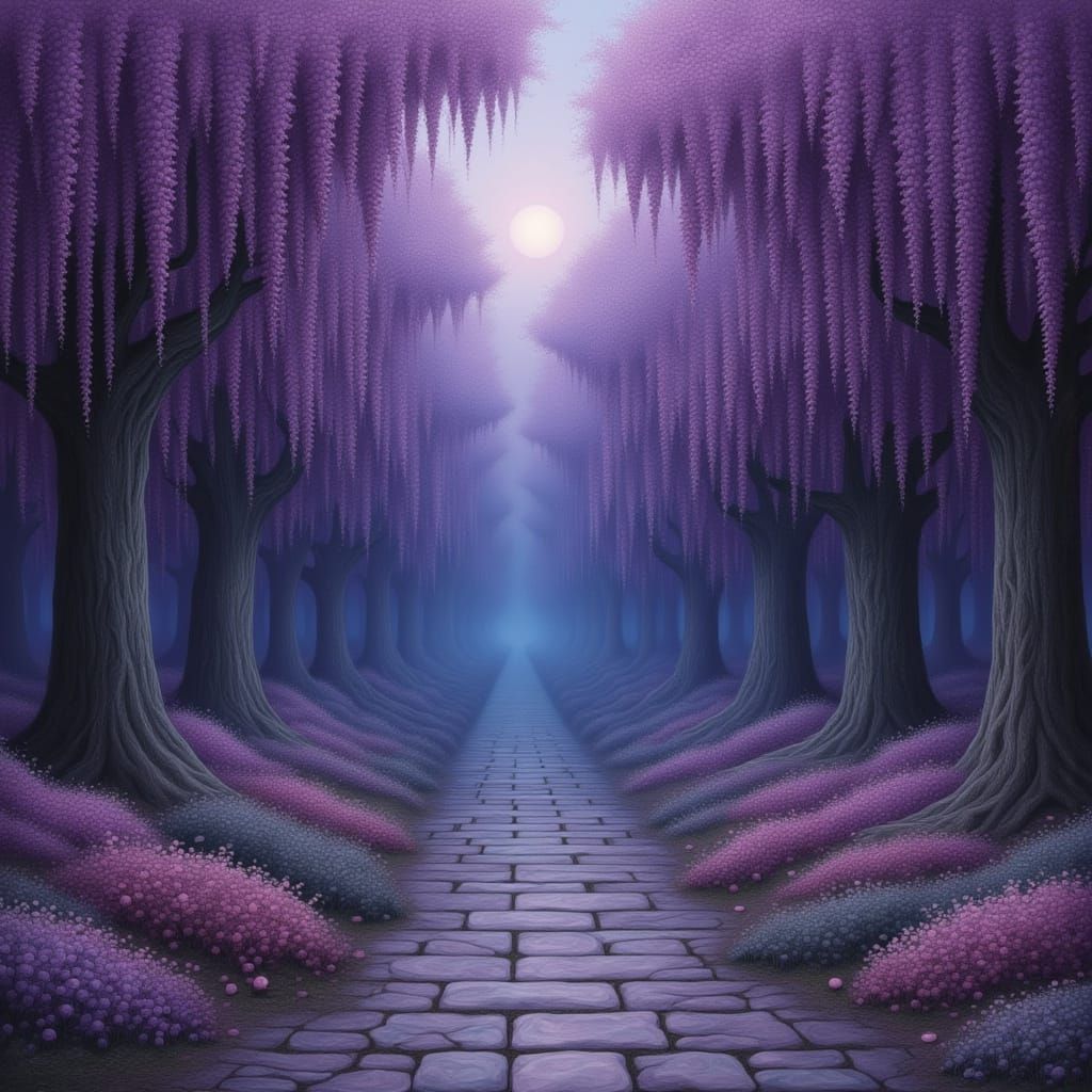 Wisteria-Draped Garden Under Amethyst Moon