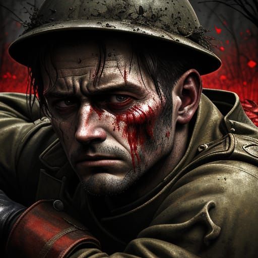 WWI Soldier's Pain: Close-Up in Trench