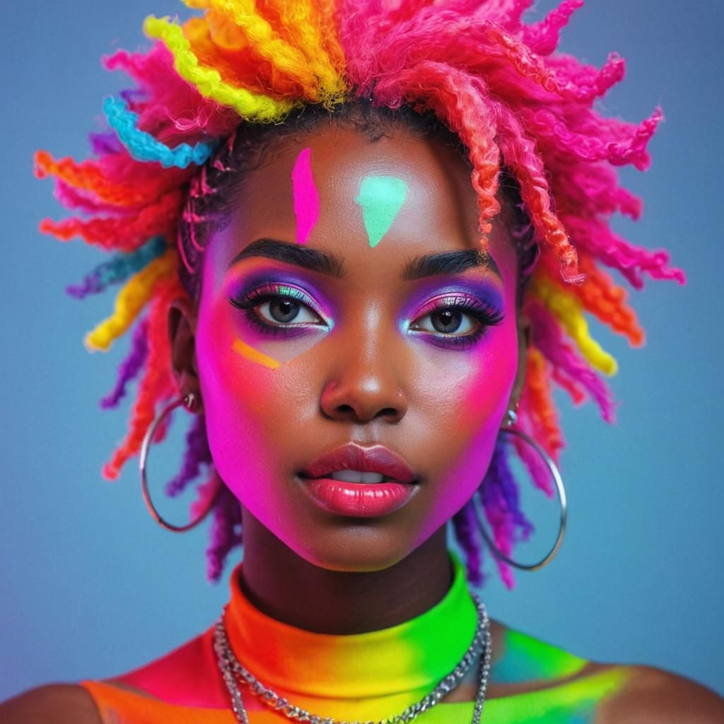 Vibrant Cosmic Punk Girl in Rainbow African Style