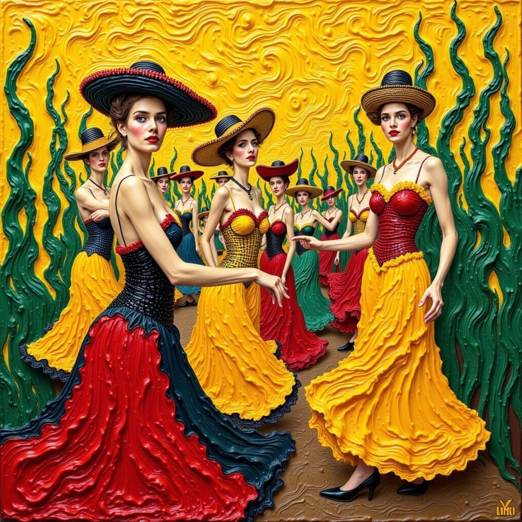 Hyper Realistic Can Can Dancers in Vibrant Colors and Textur...