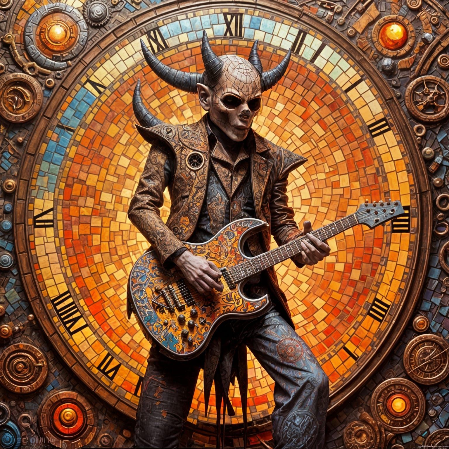 Clockpunk Demon Guitarist in Hell: Mosaic Painting