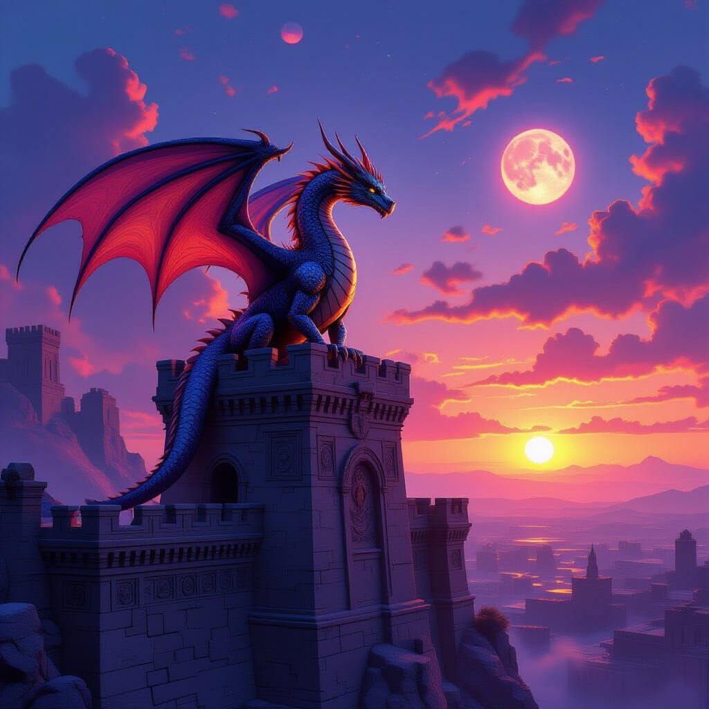 Dragon on Ancient Citadel at Alien Sunset