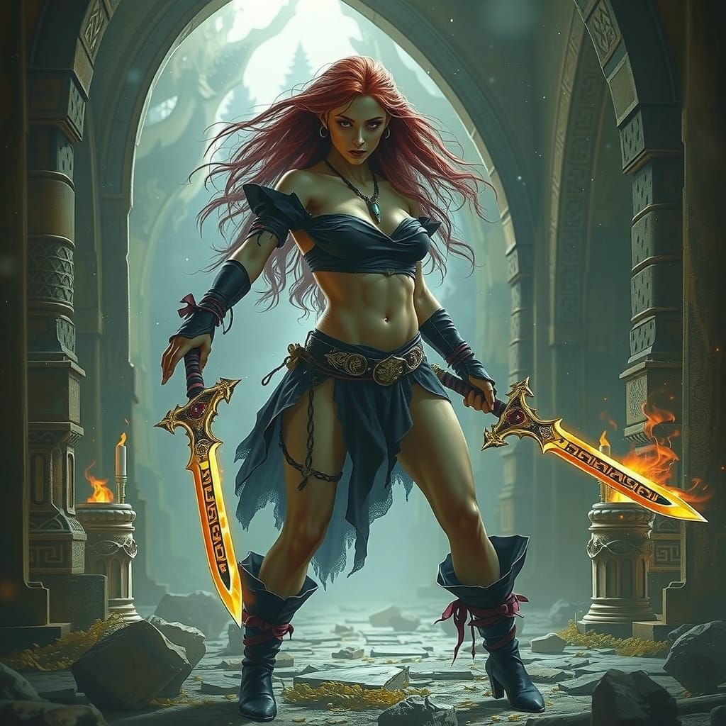 Ethereal Vampire Warrior in Fiery Red Hair and Tattered Blac...