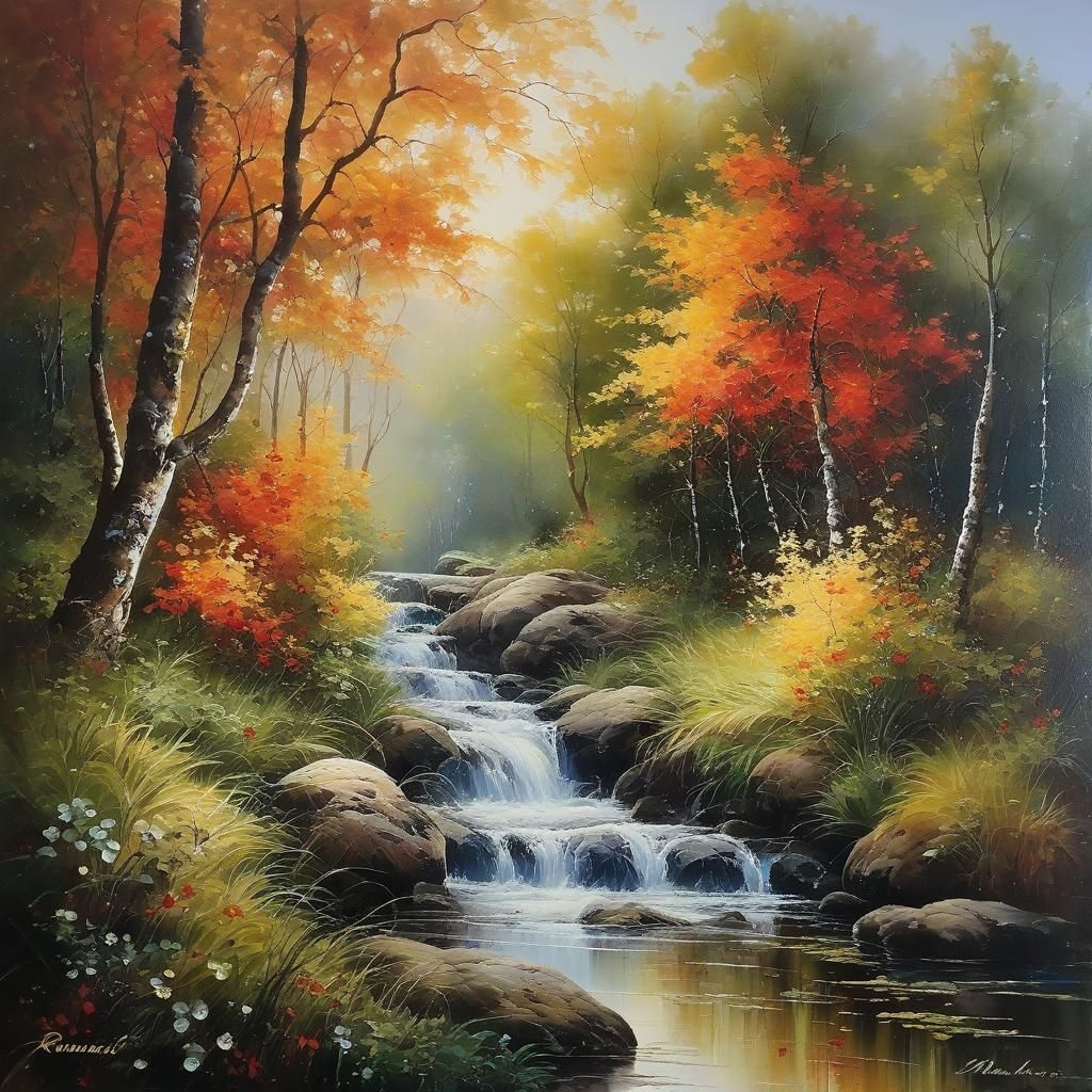 Romantic Woodland Stream in Wet Oil Paint