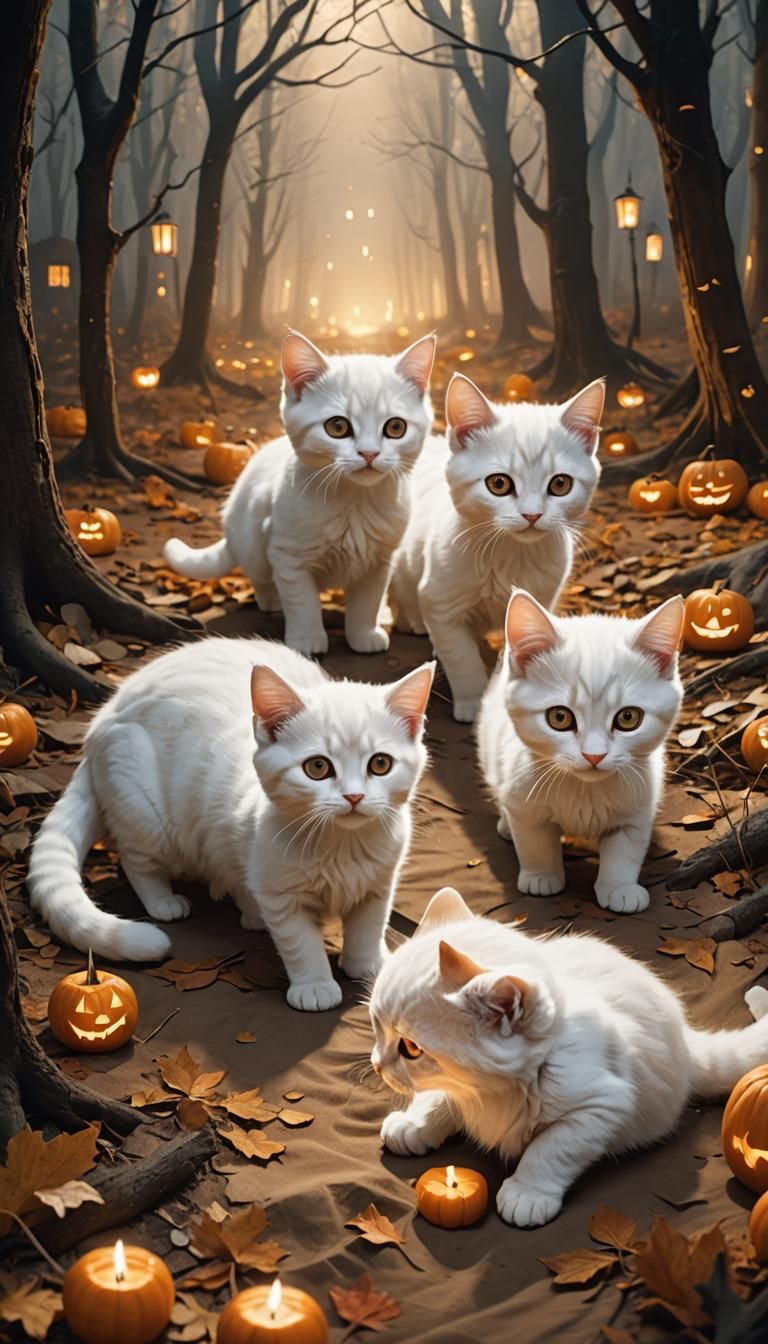 Kittens Dressed as Ghosts in Forest on Halloween