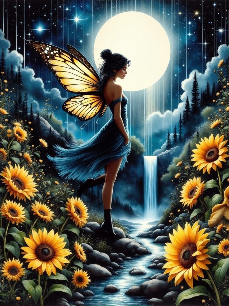 Pixie Fairy Dancing Among Sunflowers in Moonlight