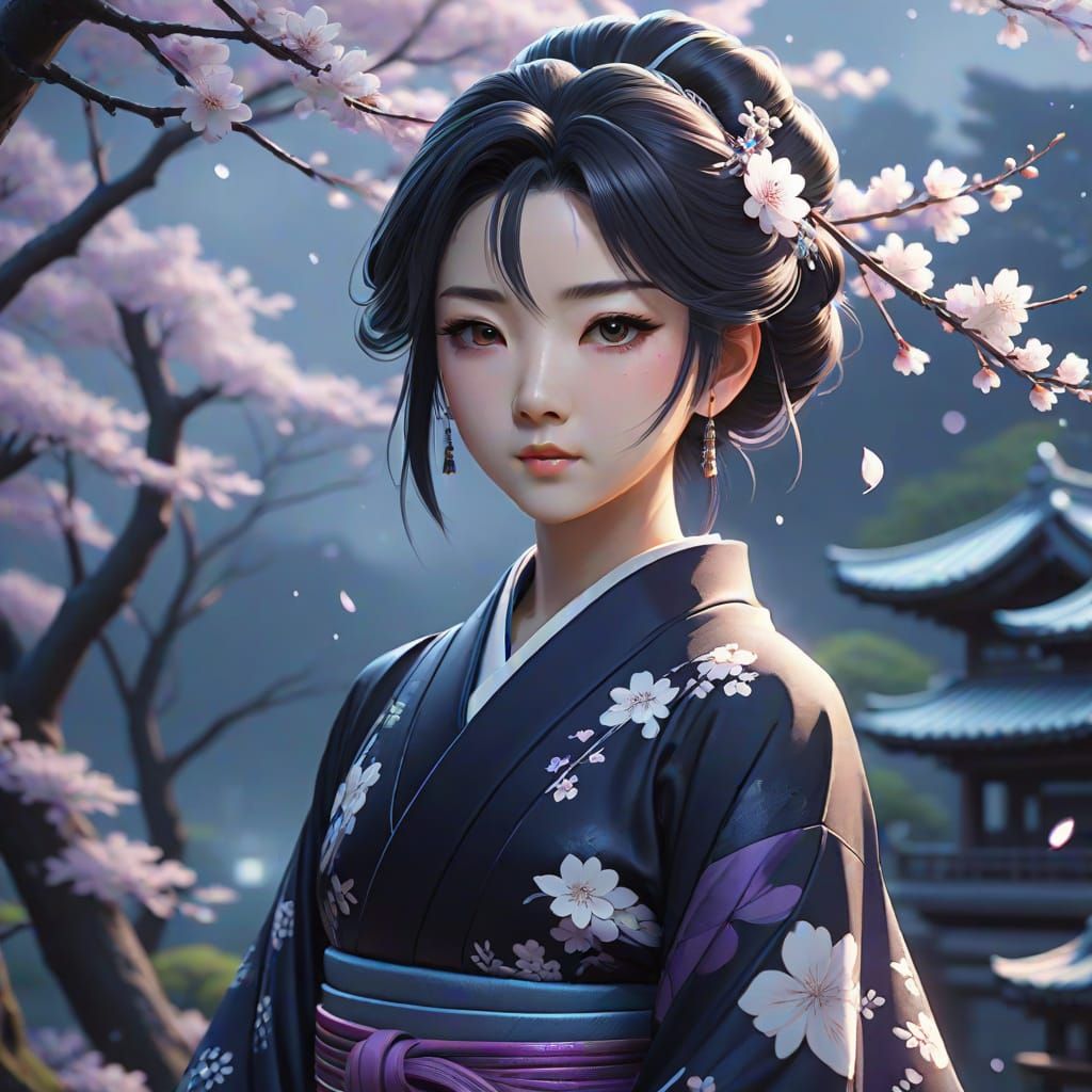 Serene Japanese Geisha in a Misty Garden