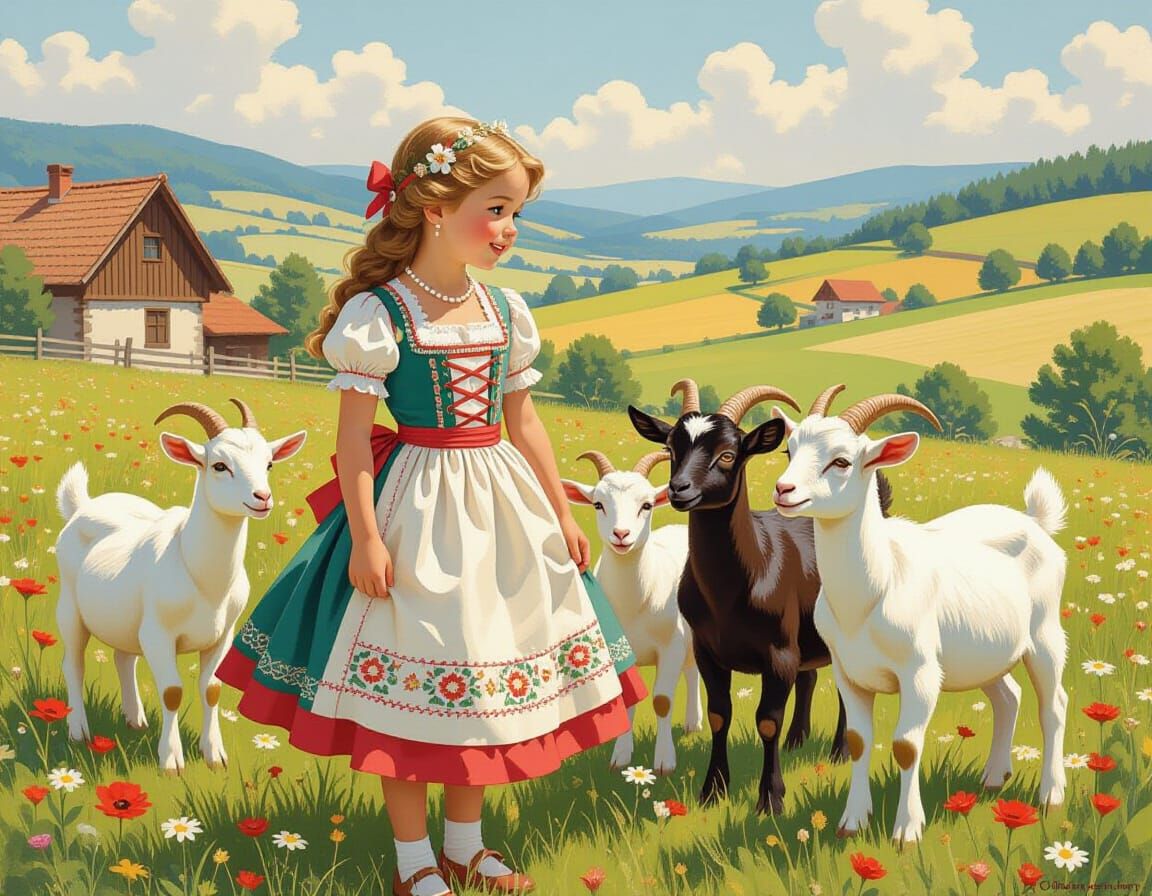 Girl in Dirndl with Goats, Disney-esque Illustration