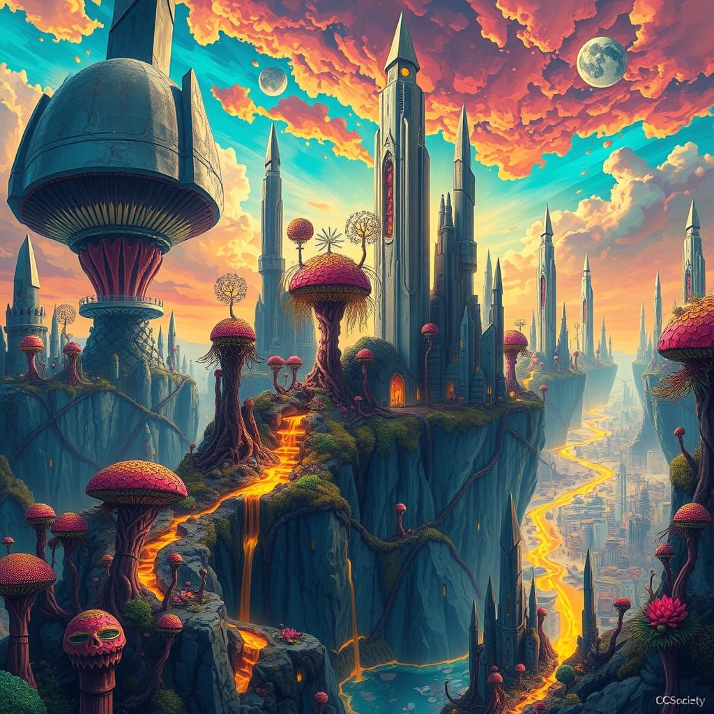 Surreal Crystalline Fungal Cityscape with Molten Gold Rivers