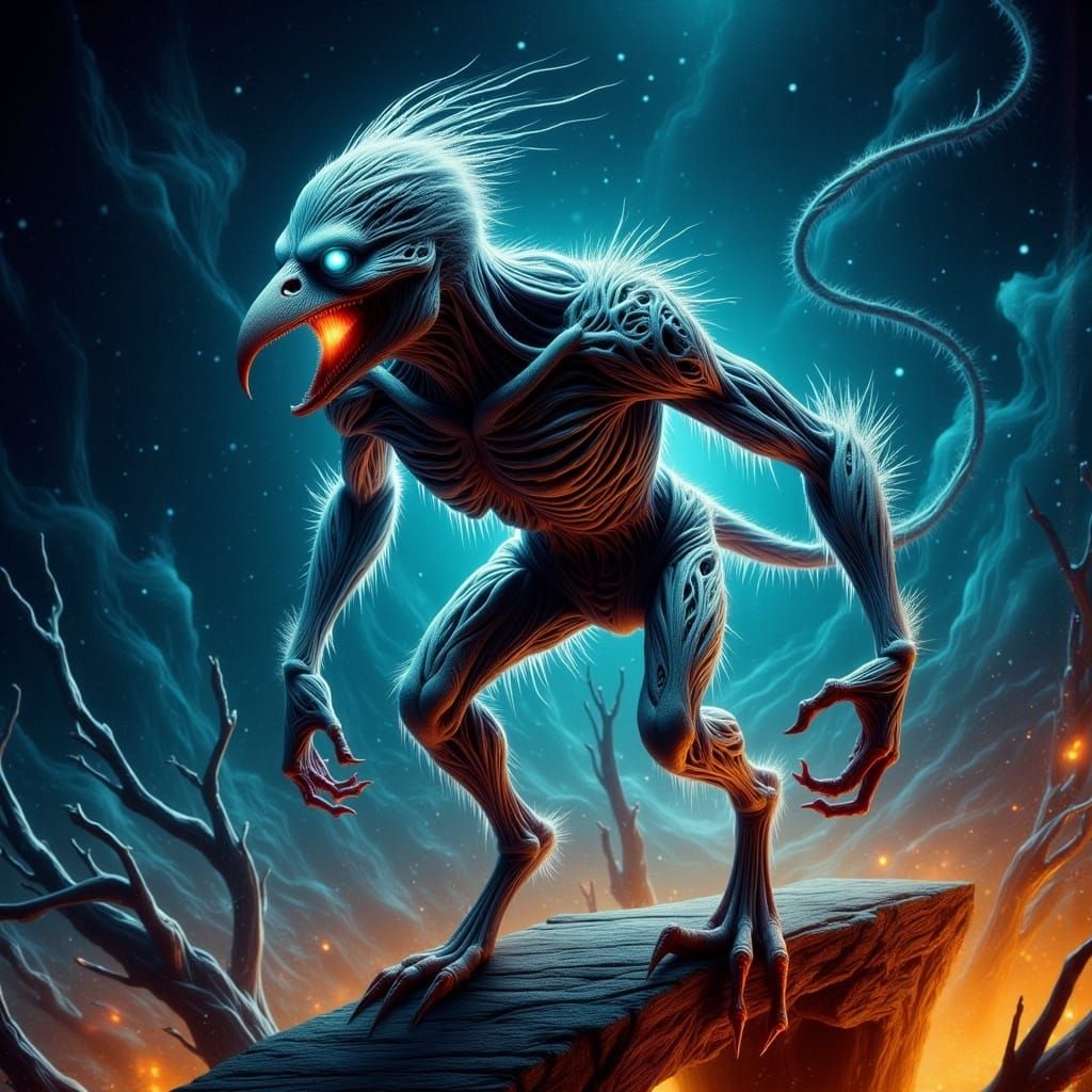 Cosmic Silhouette: Dark Fabric Bird in Whimsical Horror