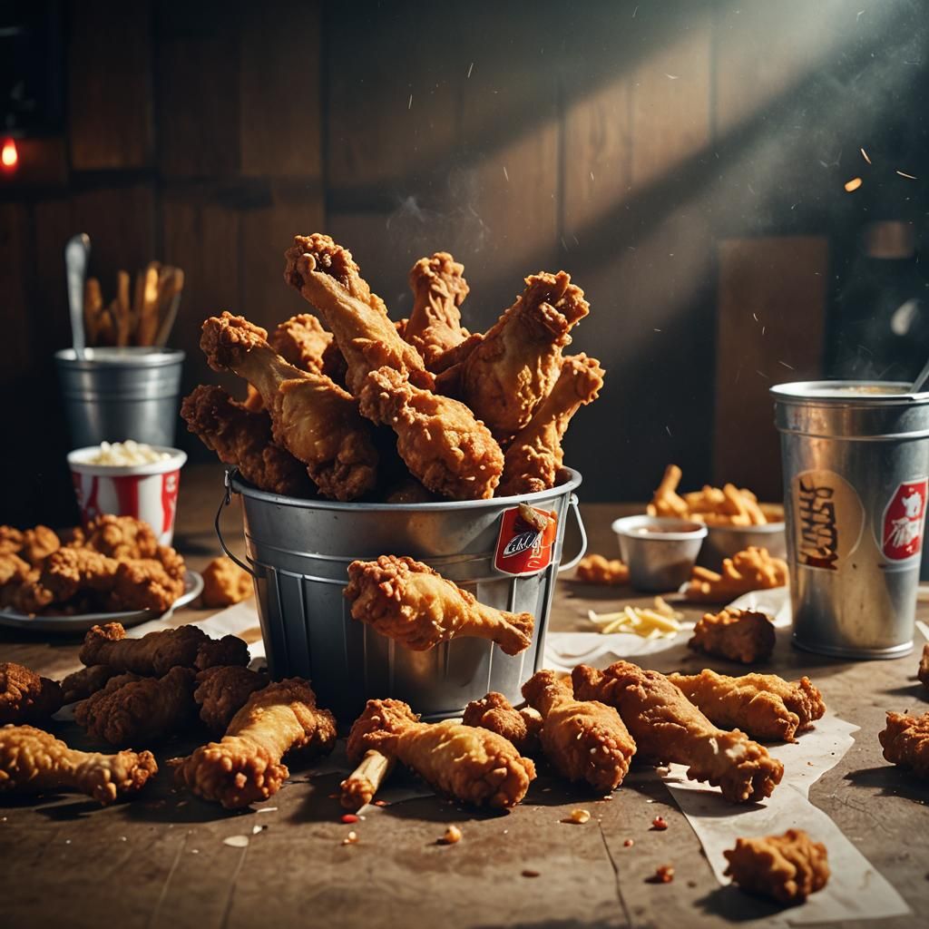 Crispy Fried Chicken in a Bucket, Cinematic Still