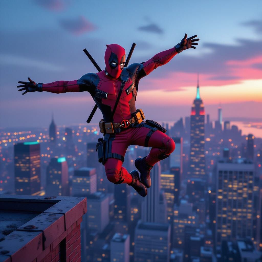 Deadpool's Acrobatic Rooftop Leap in a Cinematic Style