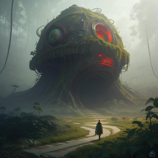 Organic Creature Captures Spaceship in Overgrown Environment