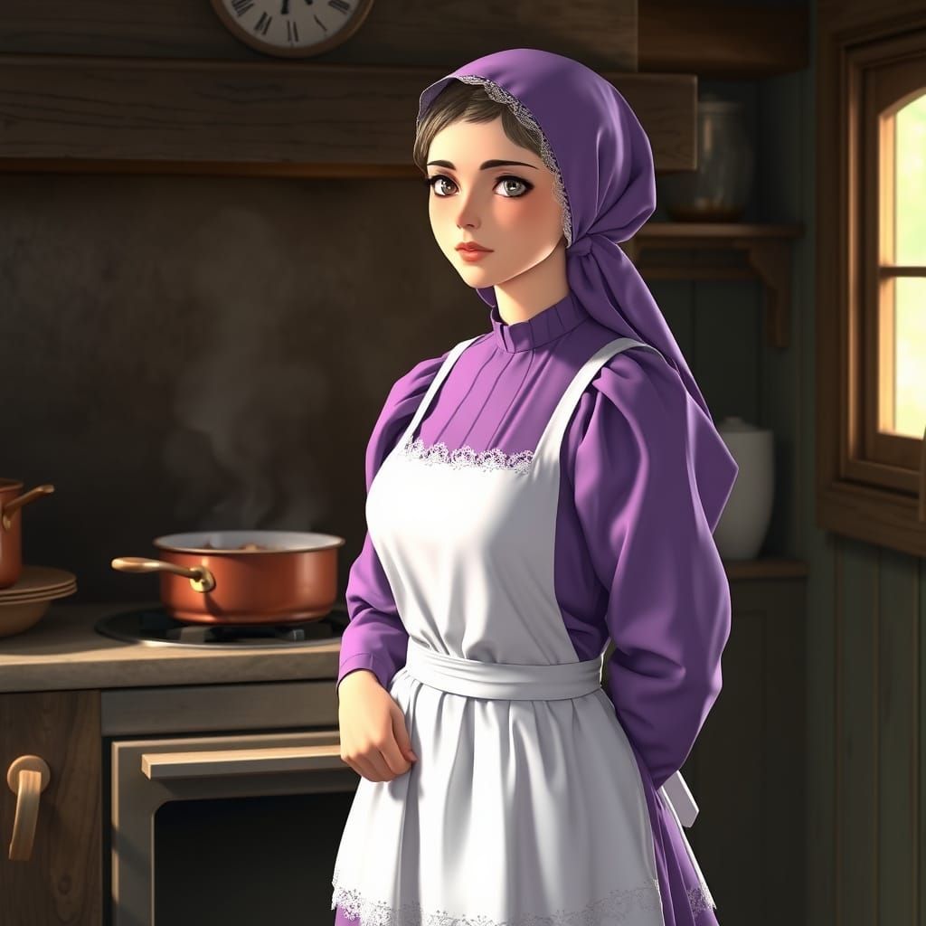 Serene Amish Woman Standing in Front of Rustic Wood Stove in...