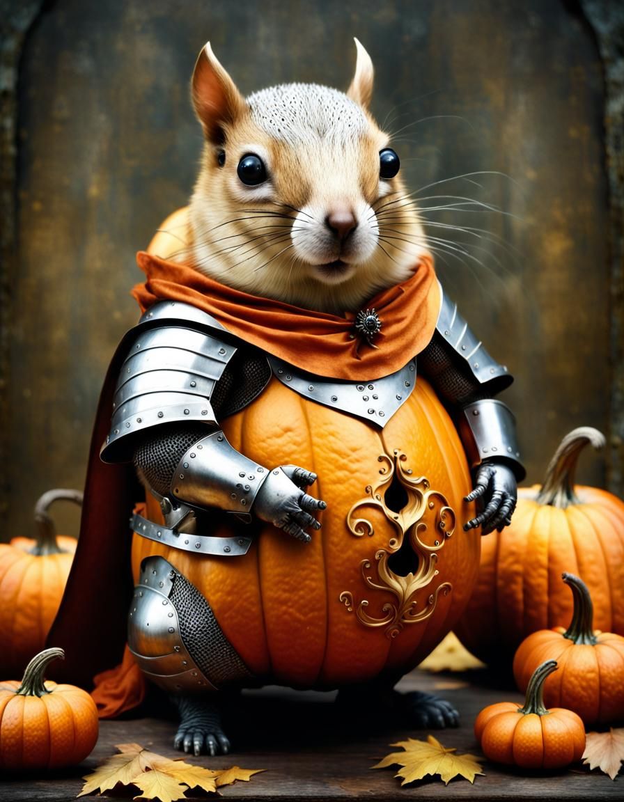 Cyborg Squirrel Knight in Pumpkin Armor