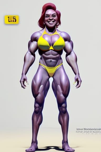 Smiling Female Bodybuilder in Yellow, 3D Digital Art