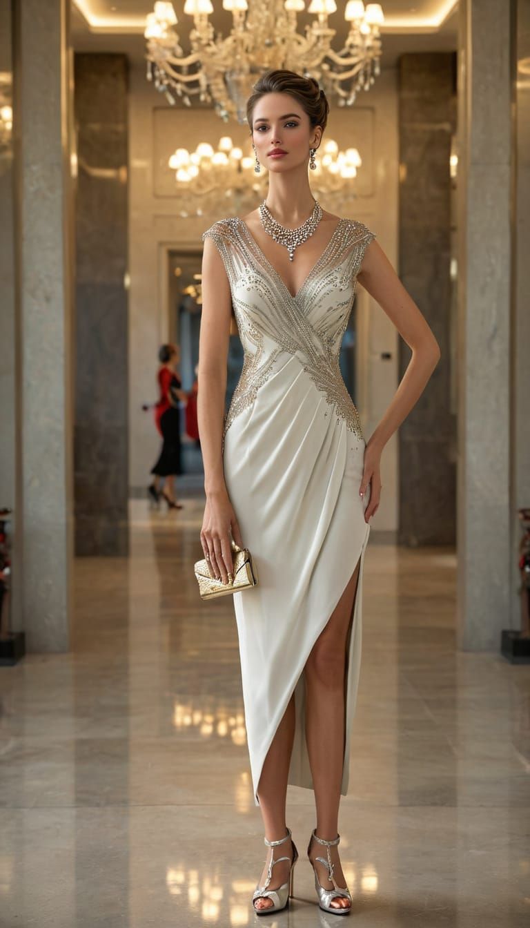 Elegant Lady in Evening Dress at Theater Lobby